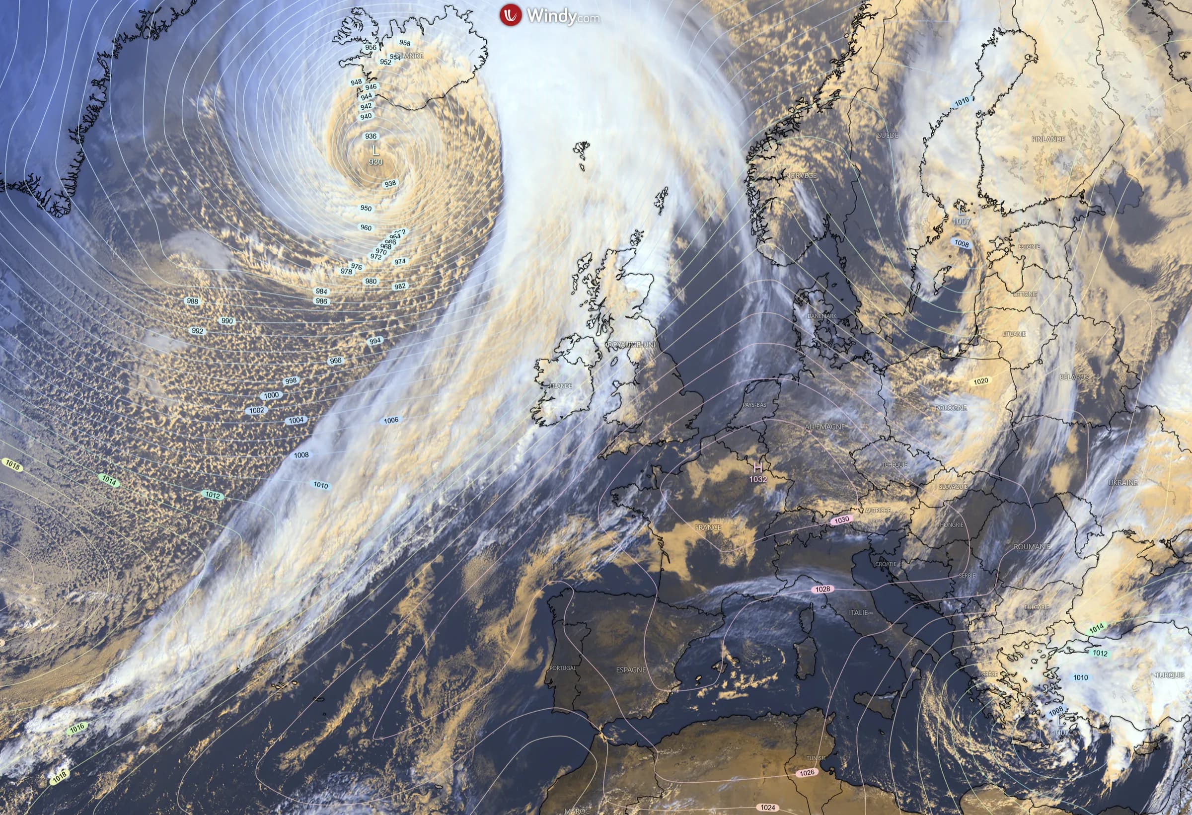Dépression de 930 hPa au sud de l'Islande
