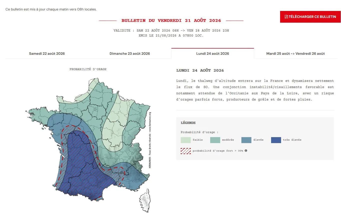 Risque orageux prévu lundi 24 août en France