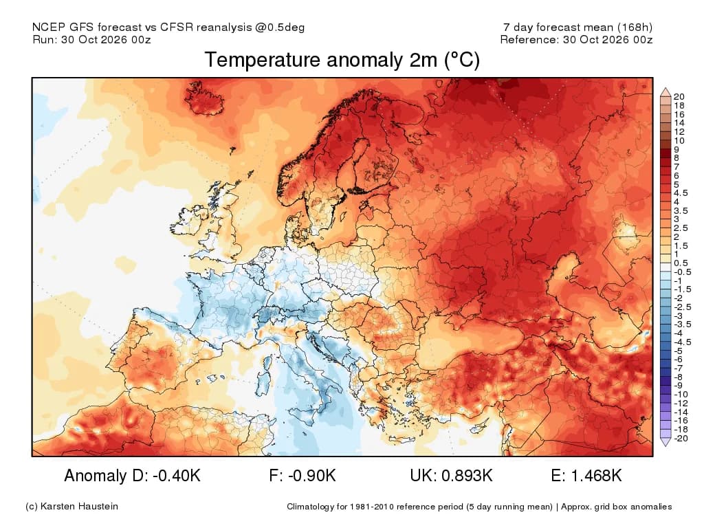 Anomalie de températures pour les 7 prochains jours