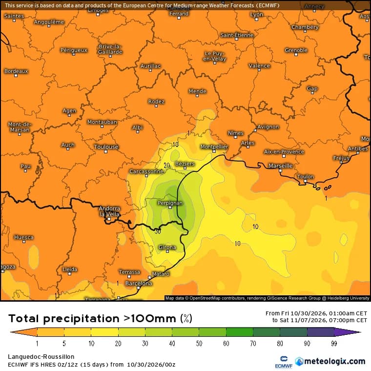 Probabilités de lames d'eau au dessus de 100 mm