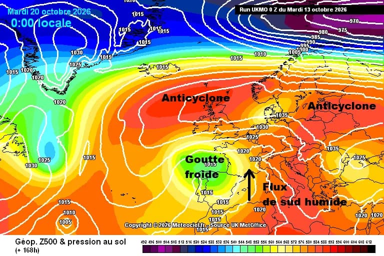 Goutte froide sur le Golfe de Gascogne, anticyclone sur les Iles Britanniques, flux de sud humide se mettant en place sur le pays