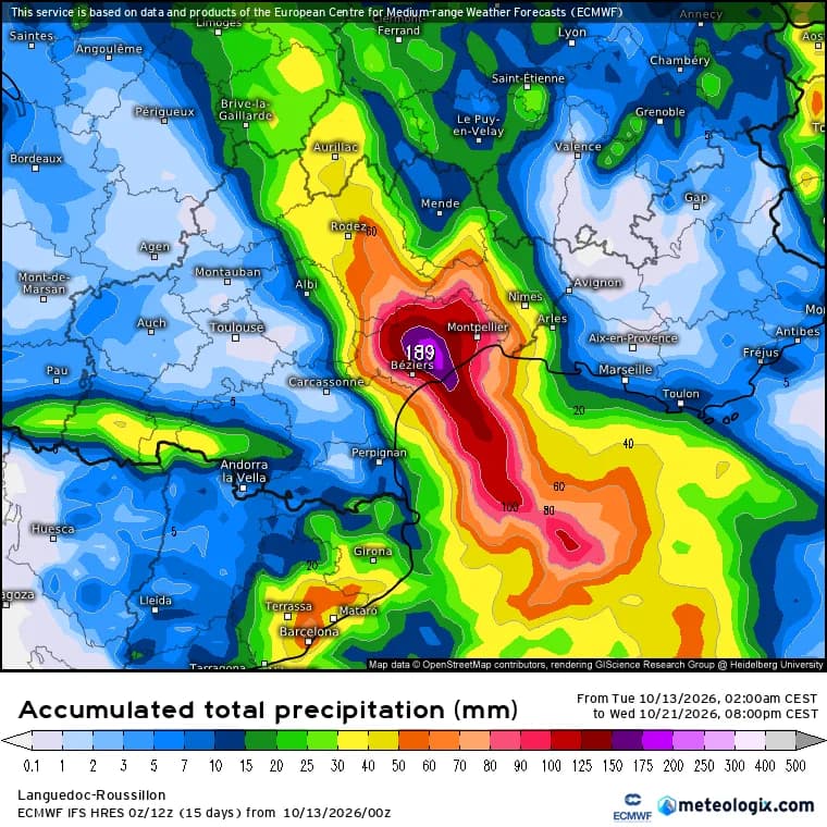 Modélisation ECMWF cumuls de précipitations à prévoir à échéance du 21/10/2026