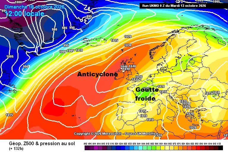 Synoptique montrant anticyclone à l'ouest et nord de la France et goutte froide sur le pays
