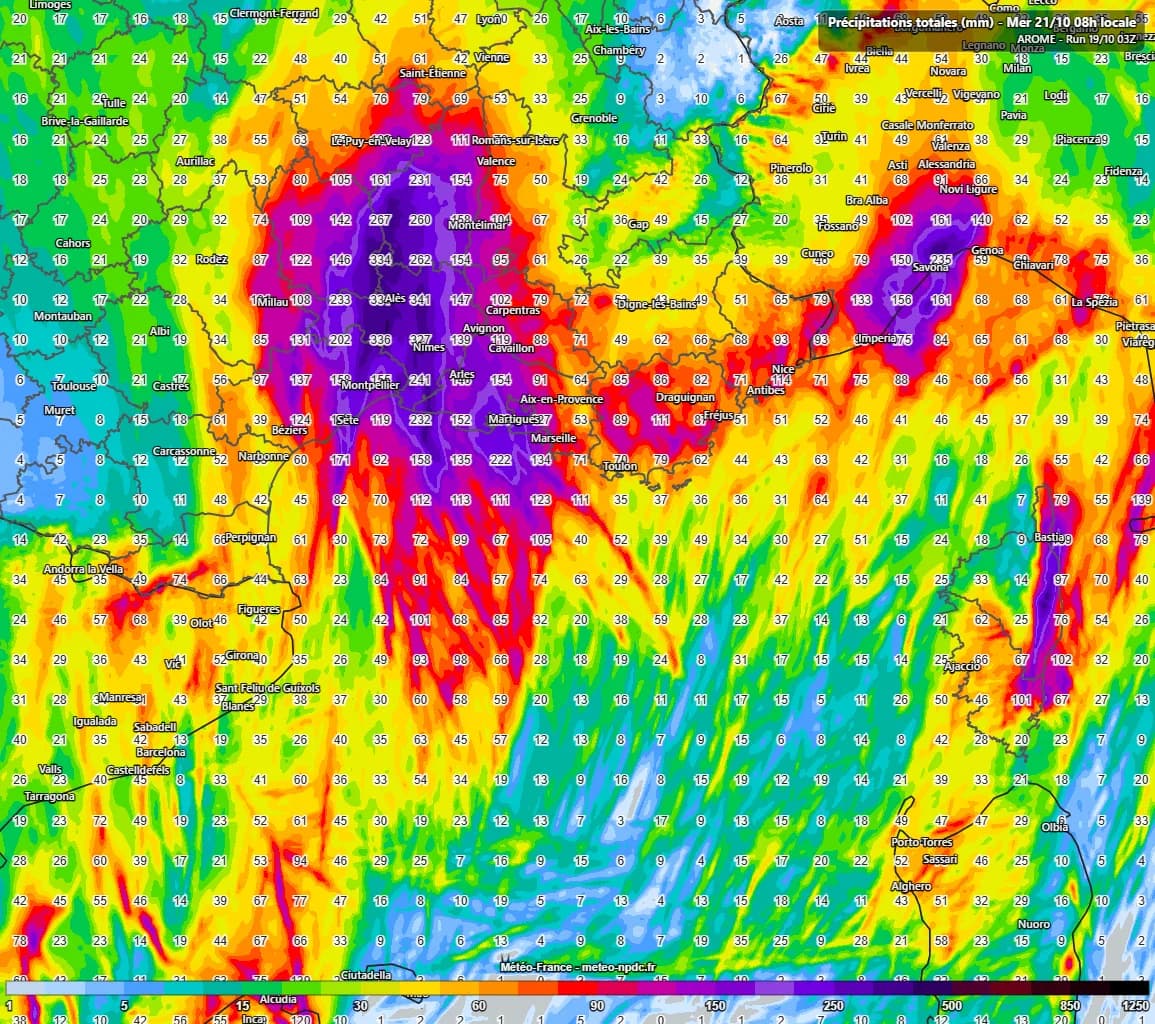 Cumuls de pluie à prévoir d'ici mercredi 21/10 8 h